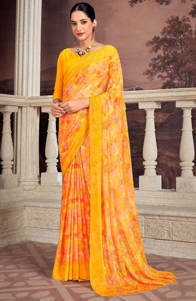 Sunny Yellow Printed Chiffon Casual Wear Saree