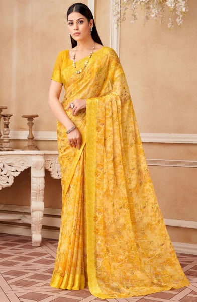 Sunny Yellow Printed Chiffon Saree with Satin Border