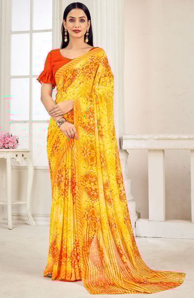 Sunny Yellow Printed Georgette Casual Wear Saree