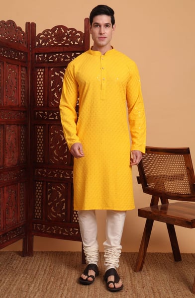 Sunny Yellow Rayon Kurta Set for Men