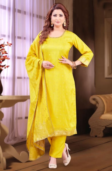 Sunny Yellow Silk Embroidered Readymade Suit