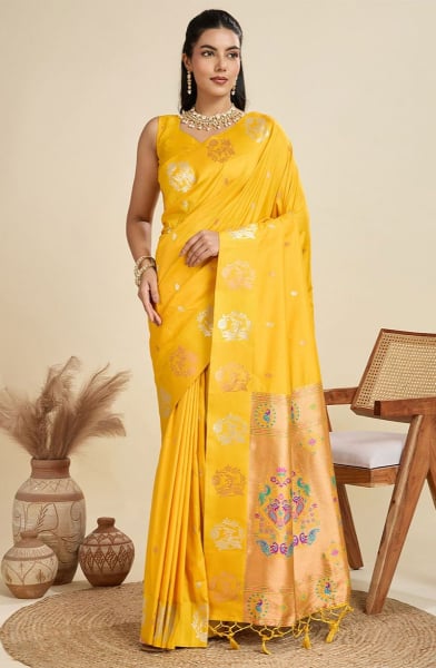 Sunny Yellow Woven Kanjivaram Paithani Silk Saree