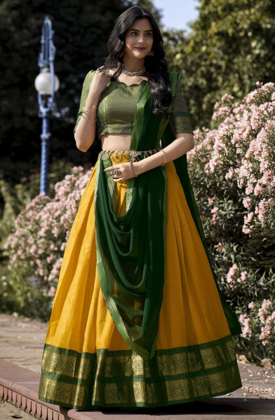 Sunny Yellow Zari Woven Kanchipuram Silk Lehenga Choli