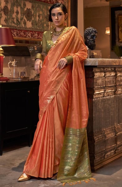 Sunset Orange Handloom Weaving Tussar Silk Saree
