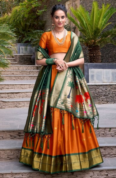 Sunset Orange Woven Jacquard Silk Lehenga Choli