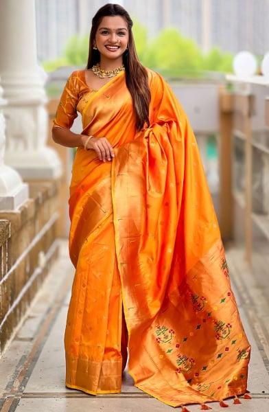 Sunset Orange Woven Paithani Silk Saree