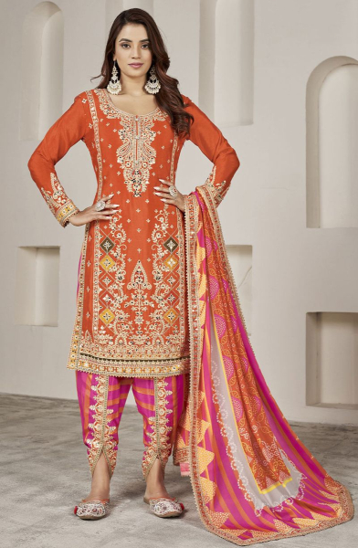 Tangerine Embellished Chinnon Designer Dhoti Salwar Kameez