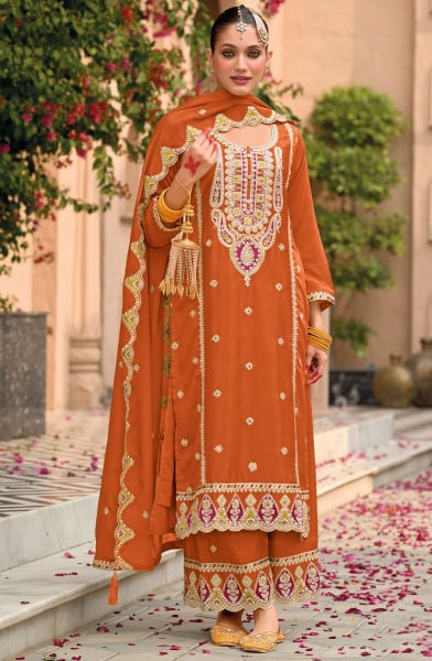 Tangerine Embroidered Chinnon Palazzo Kameez