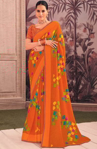 Tangerine Printed Casual Georgette Saree
