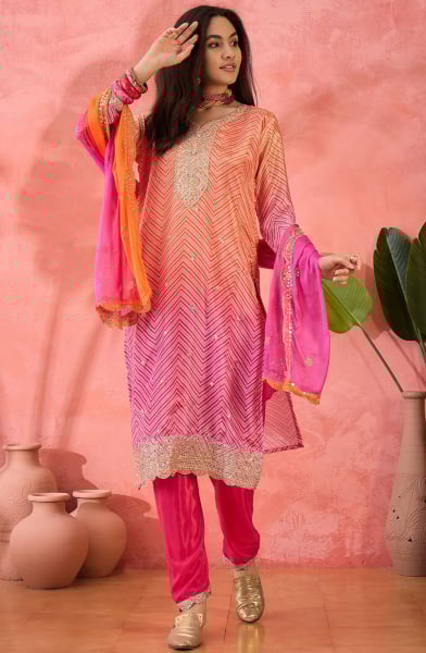 Tangy Orange and Rani Pink Embroidered Chinnon Silk Readymade Suit