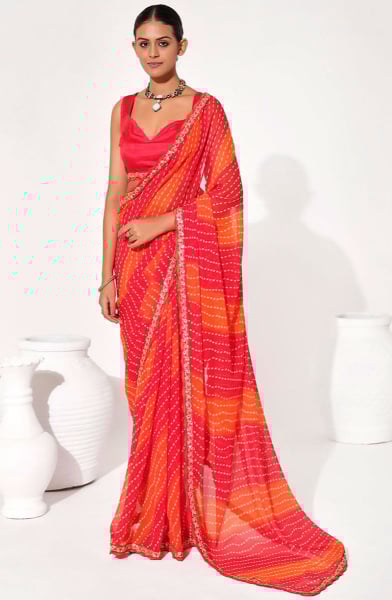 Tangy Orange and Rani Pink Georgette Partywear Saree