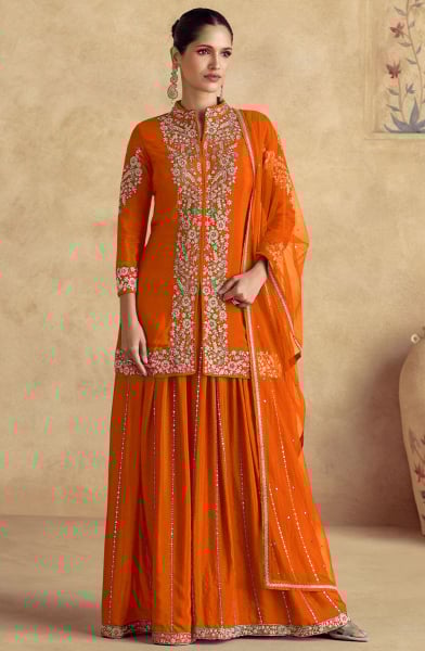 Tangy Orange Chinnon Silk Designer Palazzo Kameez