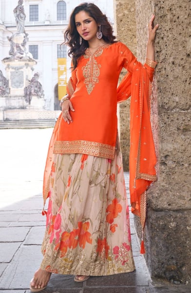 Tangy Orange Embroidered Chinnon Designer Sarara Kameez