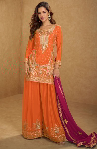 Tangy Orange Embroidered Chinnon Palazzo Kameez
