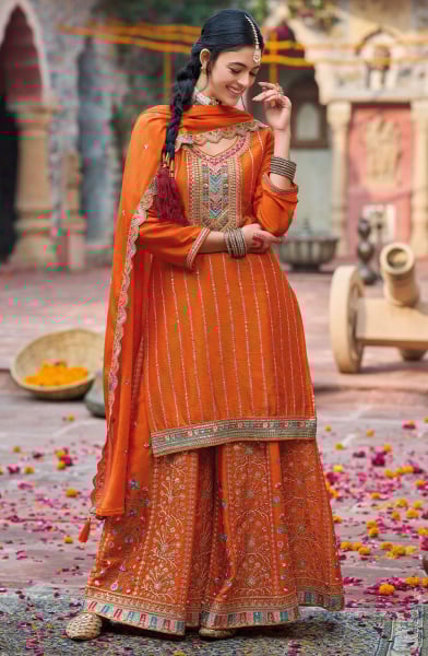 Tangy Orange Embroidered Chinnon Readymade Palazzo Kameez