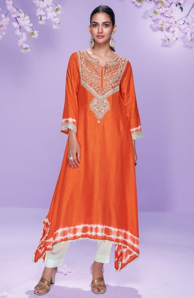 Tangy Orange Embroidered Silk Asymmetrical Kurta