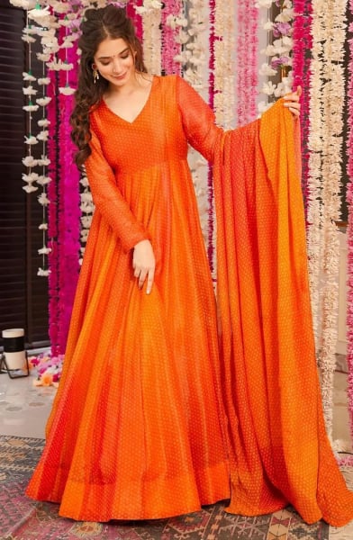 Tangy Orange Flared Chinnon Gown with Dupatta