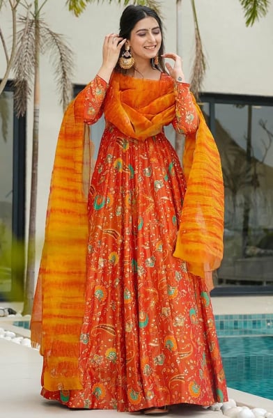 Tangy Orange Flared Silk Anarkali Gown with Dupatta