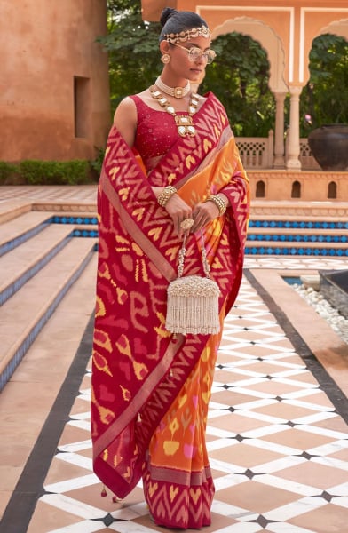 Tangy Orange Foil Print Smooth Silk Saree