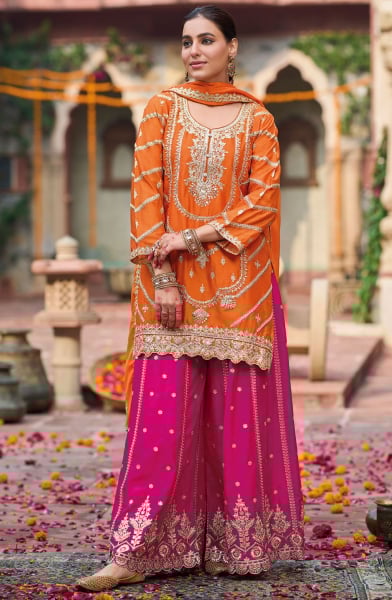 Tangy Orange Heavy Embroidered Chinnon Readymade Palazzo Kameez