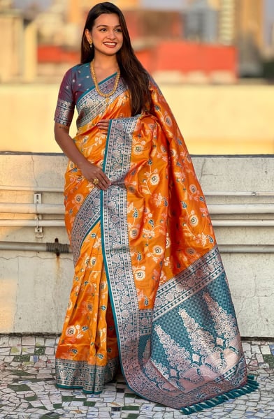 Tangy Orange Meenakari Weaving Banarasi Silk Saree