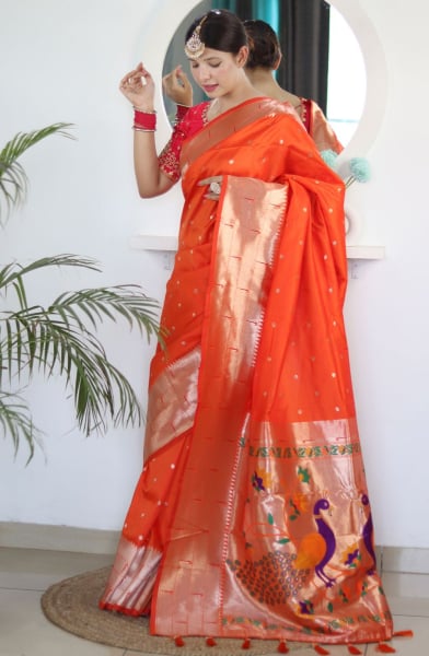 Tangy Orange Meenakari Woven Paithani Silk Saree