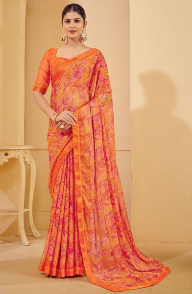 Tangy Orange Printed Chiffon Casual Wear Saree