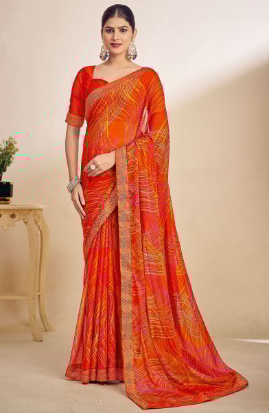 Tangy Orange Printed Chiffon Saree