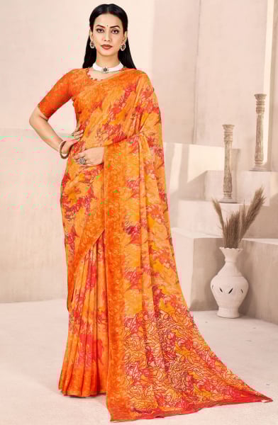 Tangy Orange Printed Chiffon Saree with Satin Border