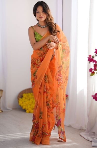 Tangy Orange Printed Organza Saree