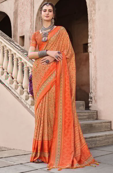 Tangy Orange Printed Silk Saree for Festival