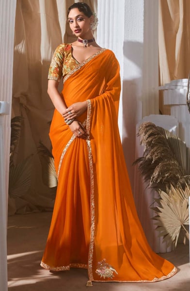 Tangy Orange Sequins Embroidered Tissue Organza Saree
