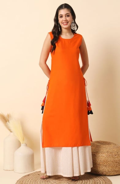 Tangy Orange Solid Rayon Kurti