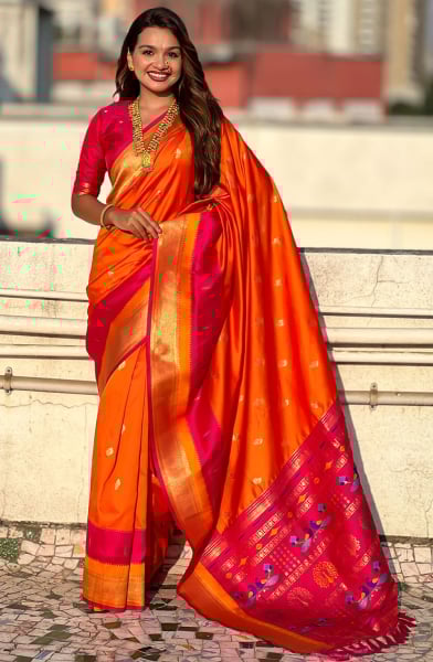 Tangy Orange Zari Woven Paithani Silk Saree