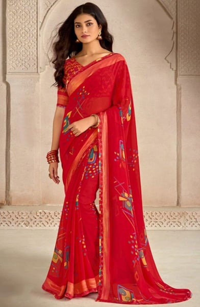 Tangy Red Printed Georgette Saree