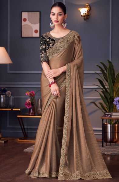 Taupe Embroidered Double Tone Silk Designer Saree