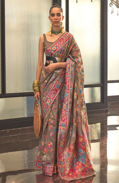Taupe Kashmiri Modal Handloom Weaving Saree