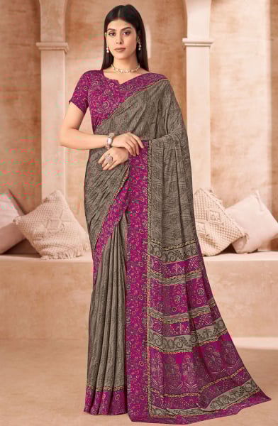 Taupe Printed Crepe Casual Saree