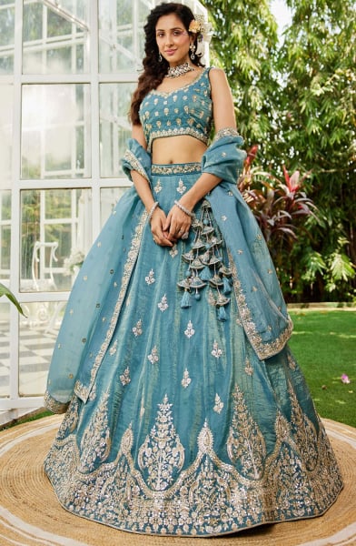 Sky Blue Organza Heavy Designer Lehenga Choli Set for Wedding