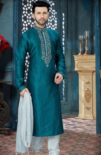 Teal Blue Art Dupion Kurta Set for Festival