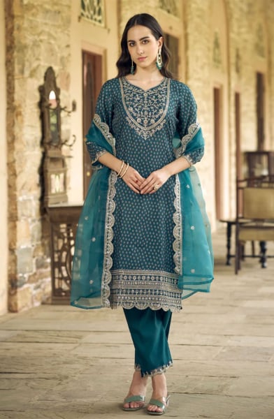 Teal Blue Art Silk Readymade Pant Kameez Suit