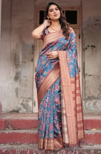 Teal Blue Banarasi Silk Saree