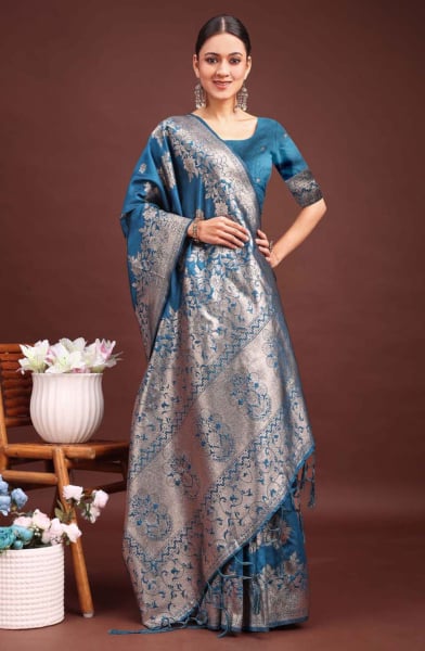 Teal Blue Banarasi Silk Woven Saree