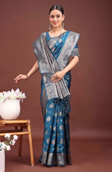 Teal Blue Banarasi Silk Woven Saree