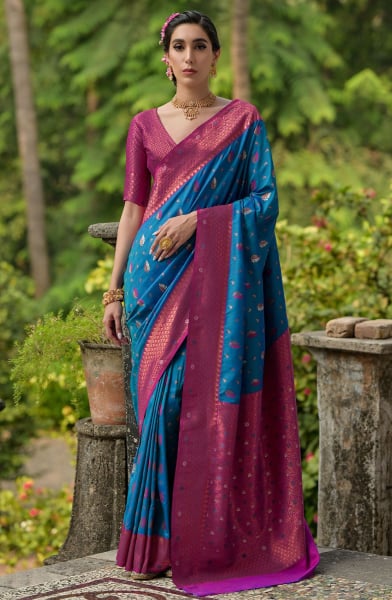 Teal Blue Banarasi Silk Zari Woven Saree
