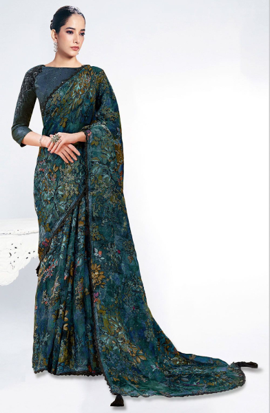 Teal Blue Brasso Saree for Ceremonial