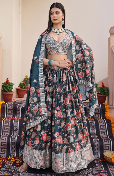 Teal Blue Chinnon Lehenga Choli for Ceremonial