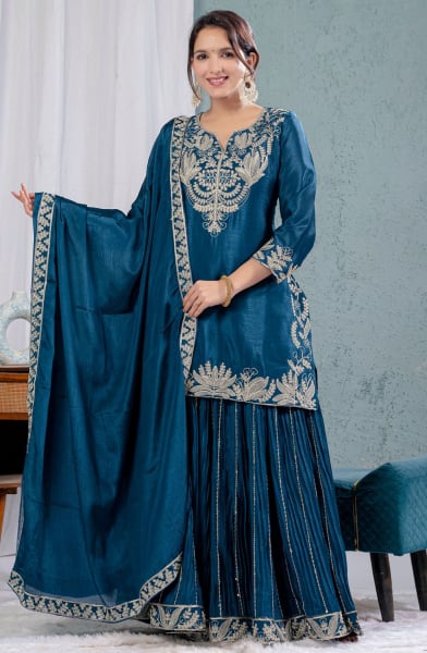 Teal Blue Chinnon Silk Readymade Sarara Kameez Suit