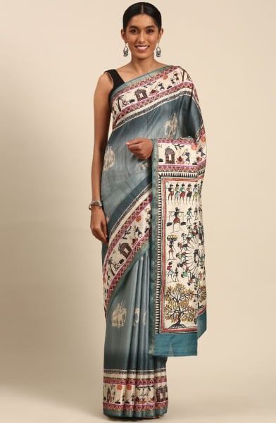 Teal Blue Cotton Printed Saree