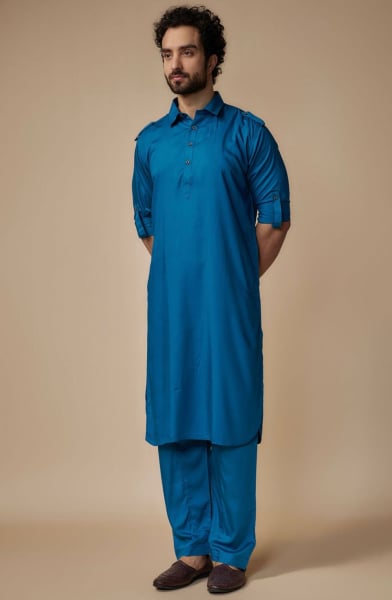 Teal Blue Cotton Satin Pathani Suit for Festival